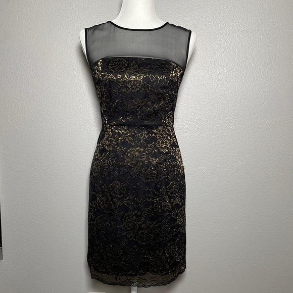 Diane von Furstenberg Black with Gold Metallic Lace Nisha Cocktail Sheath Dress - Picture 3 of 12